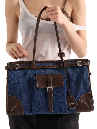 Prada Women's Bonnie Large Denim and Leather Top Handle Bag - Blue | Thumbnail 3 Prada Women's Bonnie Large Denim and Leather Top Handle Bag - Blue | Thumbnail 3