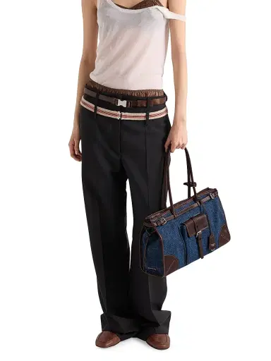 Prada Women's Bonnie Large Denim and Leather Top Handle Bag - Blue | Thumbnail 1 Prada Women's Bonnie Large Denim and Leather Top Handle Bag - Blue | Thumbnail 1