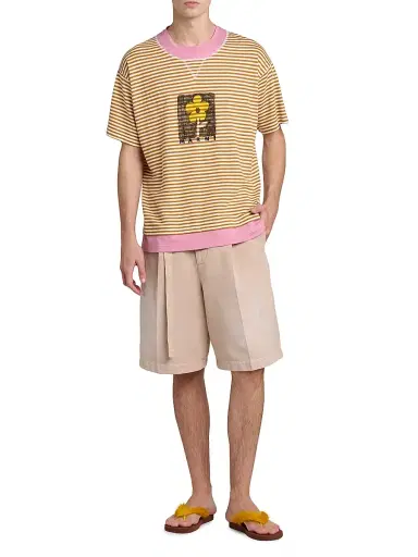 Marni Men's Striped Floral Sketch Linen-Cotton T-Shirt | Thumbnail 2