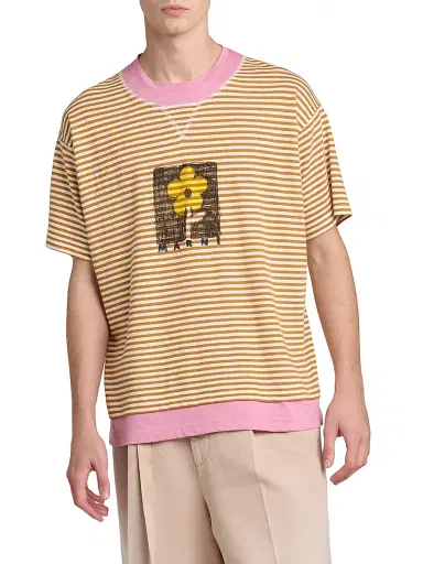 Marni Men's Striped Floral Sketch Linen-Cotton T-Shirt | Thumbnail 3