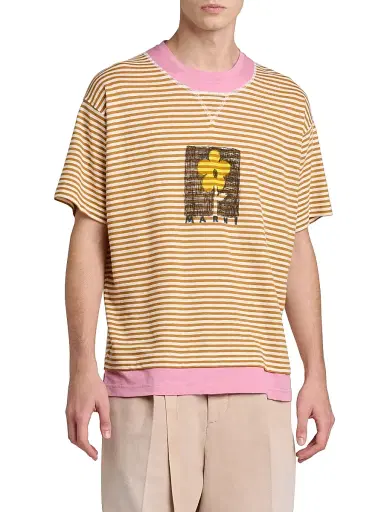 Marni Men's Striped Floral Sketch Linen-Cotton T-Shirt | Thumbnail 4