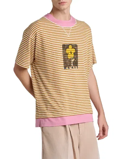Marni Men's Striped Floral Sketch Linen-Cotton T-Shirt | Thumbnail 6