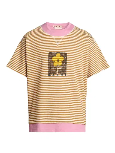 Marni Men's Striped Floral Sketch Linen-Cotton T-Shirt | Thumbnail 1