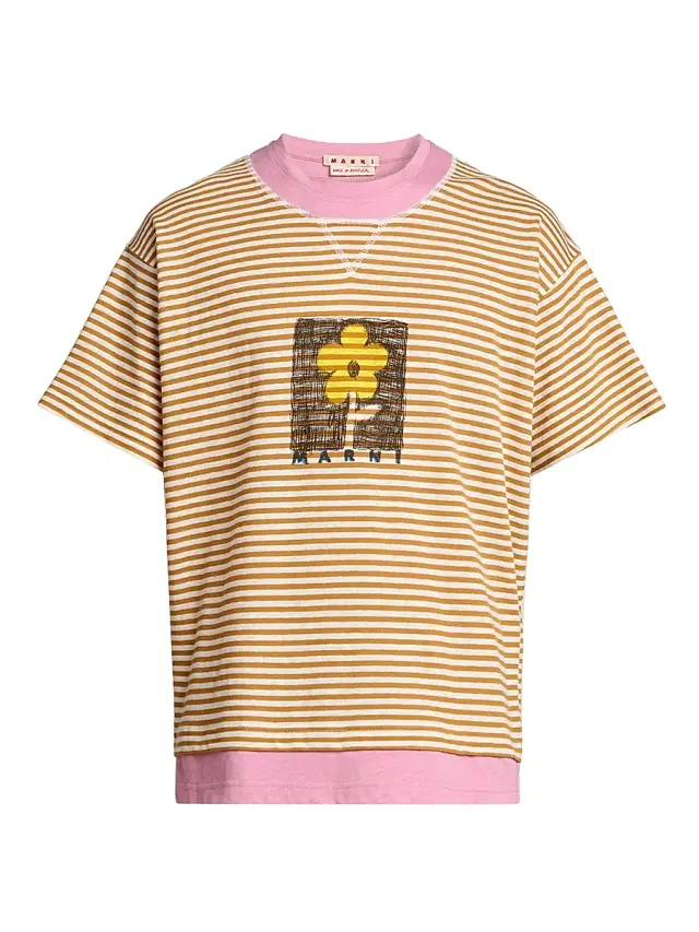 Men's Striped Floral Sketch Linen-Cotton T-Shirt - Mustard
