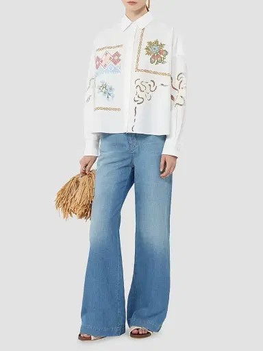 Weekend Max Mara Women's Cotton Blouse with Lace and Embroideries - White - Size 12 | Thumbnail 2