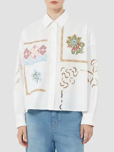 Weekend Max Mara Women's Cotton Blouse with Lace and Embroideries - White - Size 12 | Thumbnail 3