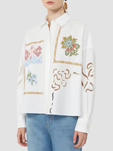 Weekend Max Mara Women's Cotton Blouse with Lace and Embroideries - White - Size 12 | Thumbnail 5