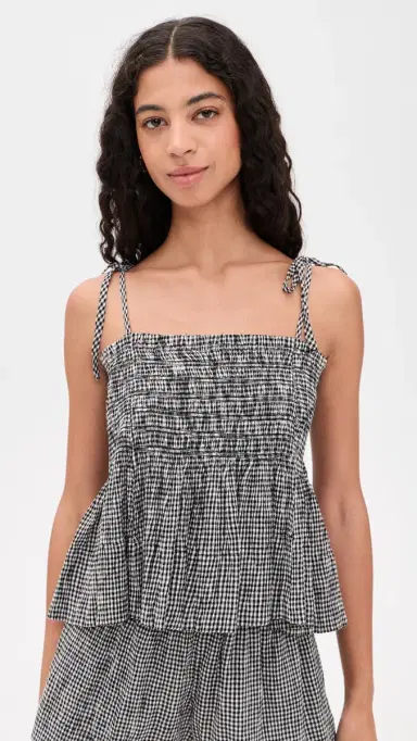 THE GREAT. The Tide Smocked Top Black & Cream Check | Thumbnail 2 THE GREAT. The Tide Smocked Top Black & Cream Check | Thumbnail 2