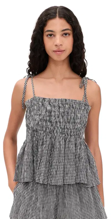 THE GREAT. The Tide Smocked Top Black & Cream Check | Thumbnail 1 THE GREAT. The Tide Smocked Top Black & Cream Check | Thumbnail 1