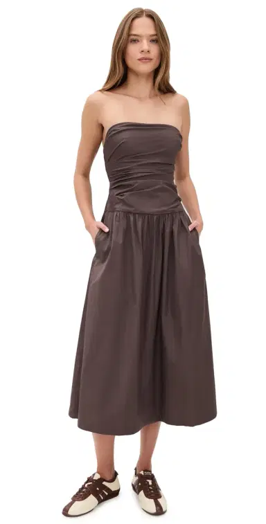 Madewell Amari Ruched Midi Dress Chocolate Plum | Thumbnail 1 Madewell Amari Ruched Midi Dress Chocolate Plum | Thumbnail 1