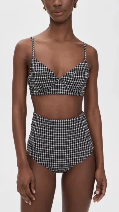 THE GREAT. The Reversible Underwire Bikini Top Black & Cream Check | Thumbnail 5