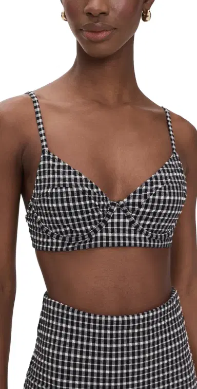 THE GREAT. The Reversible Underwire Bikini Top Black & Cream Check | Thumbnail 1