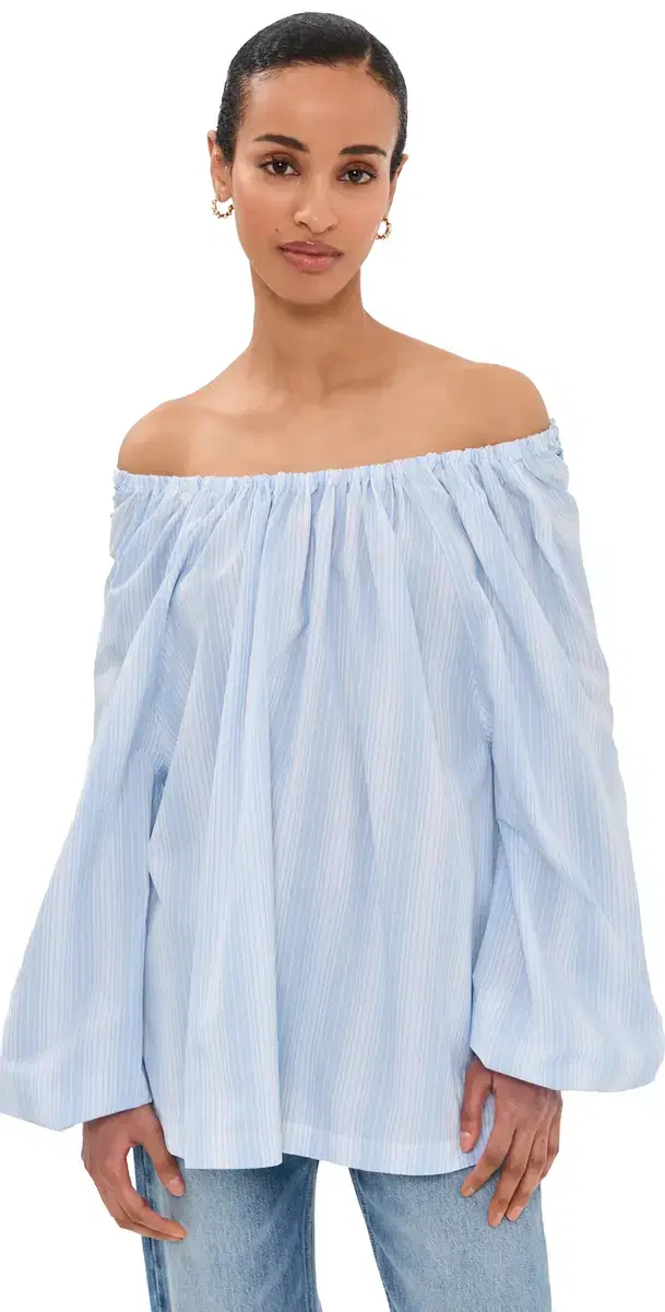 Striped Poplin Top Light Blue