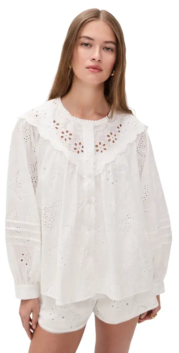 Eyelet ong Sleeve Blouse Off White
