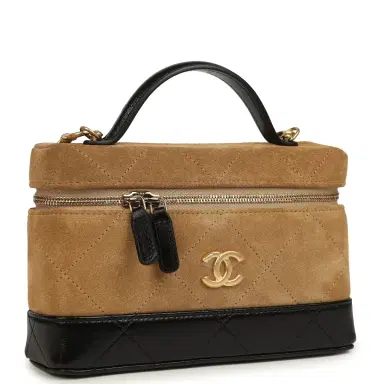 Chanel Chanel Coco Base Top Handle Long Vanity Case with Chain Brown Suede and Black Shiny Lambskin Antique Gold Hardware | Thumbnail 2