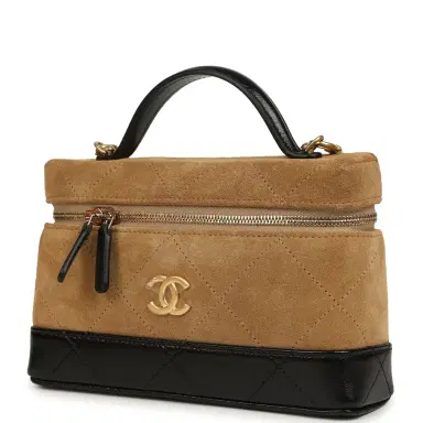 Chanel Chanel Coco Base Top Handle Long Vanity Case with Chain Brown Suede and Black Shiny Lambskin Antique Gold Hardware | Thumbnail 5