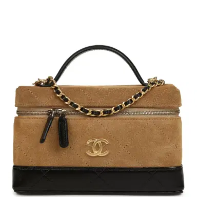 Chanel Chanel Coco Base Top Handle Long Vanity Case with Chain Brown Suede and Black Shiny Lambskin Antique Gold Hardware | Thumbnail 1