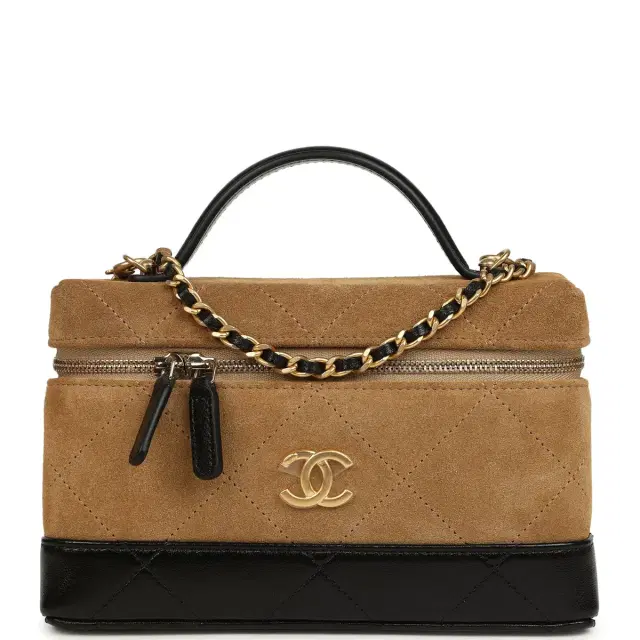 Chanel Chanel Coco Base Top Handle Long Vanity Case with Chain Brown Suede and Black Shiny Lambskin Antique Gold Hardware