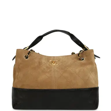 Chanel Chanel Small Coco Base Hobo Bag Brown Suede and Black Shiny Lambskin Brushed Gold Hardware | Thumbnail 1