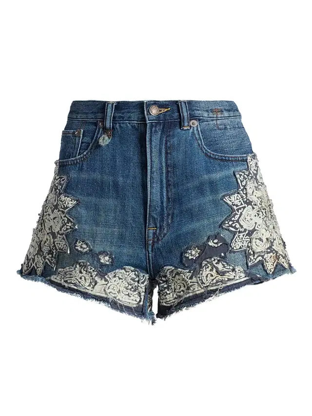 Women's X-BF Embroidered Denim Shorts - Crushed Blue Bandana