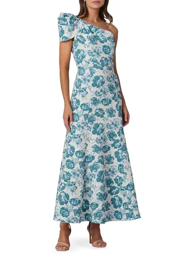 Shoshanna Women's Lolla Jacquard One-Shoulder Tea-Length Dress - Ivory Blue Multi - Size 14 | Thumbnail 2 Shoshanna Women's Lolla Jacquard One-Shoulder Tea-Length Dress - Ivory Blue Multi - Size 14 | Thumbnail 2