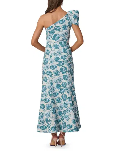 Shoshanna Women's Lolla Jacquard One-Shoulder Tea-Length Dress - Ivory Blue Multi - Size 14 | Thumbnail 3 Shoshanna Women's Lolla Jacquard One-Shoulder Tea-Length Dress - Ivory Blue Multi - Size 14 | Thumbnail 3