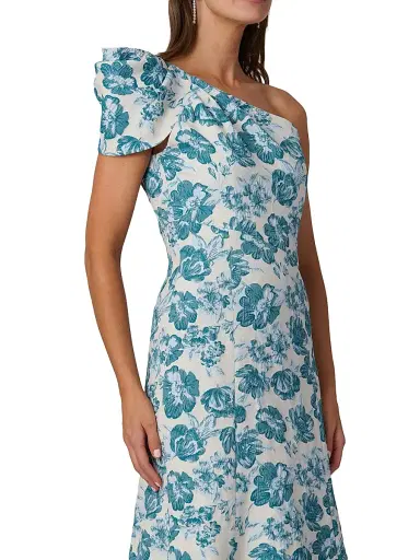 Shoshanna Women's Lolla Jacquard One-Shoulder Tea-Length Dress - Ivory Blue Multi - Size 14 | Thumbnail 4 Shoshanna Women's Lolla Jacquard One-Shoulder Tea-Length Dress - Ivory Blue Multi - Size 14 | Thumbnail 4