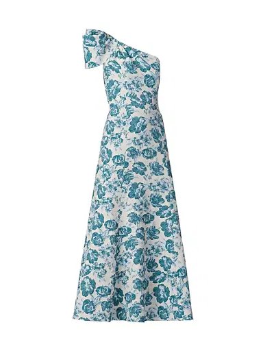 Shoshanna Women's Lolla Jacquard One-Shoulder Tea-Length Dress - Ivory Blue Multi - Size 14 | Thumbnail 1 Shoshanna Women's Lolla Jacquard One-Shoulder Tea-Length Dress - Ivory Blue Multi - Size 14 | Thumbnail 1