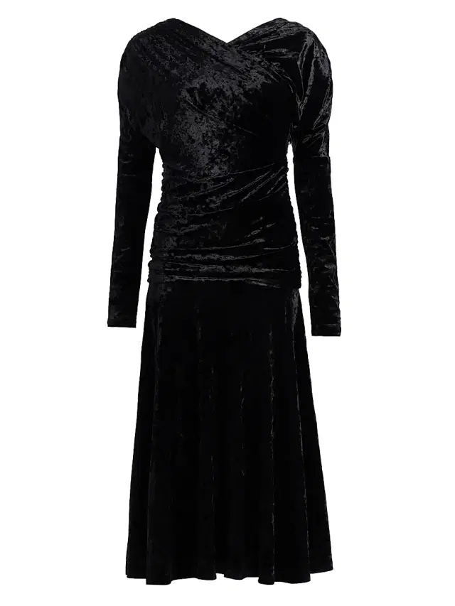Ganni Women's Ruched Velour Jersey A-Line Midi-Dress - Black