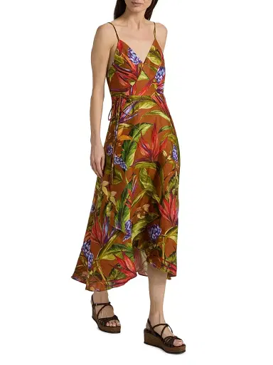 Farm Rio Women's Floral Linen A-Line Midi-Wrap Dress - Brown - Size XL | Thumbnail 2