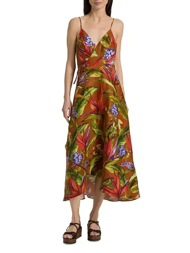 Farm Rio Women's Floral Linen A-Line Midi-Wrap Dress - Brown - Size XL | Thumbnail 3