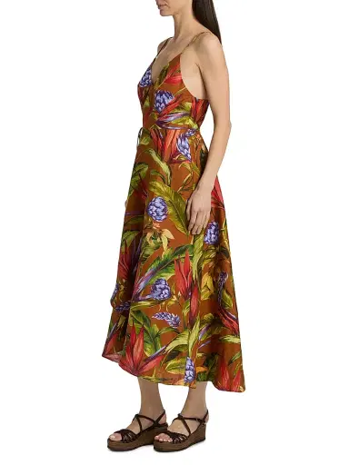 Farm Rio Women's Floral Linen A-Line Midi-Wrap Dress - Brown - Size XL | Thumbnail 4