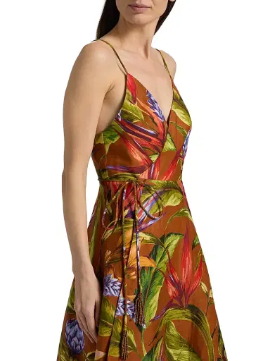 Farm Rio Women's Floral Linen A-Line Midi-Wrap Dress - Brown - Size XL | Thumbnail 6