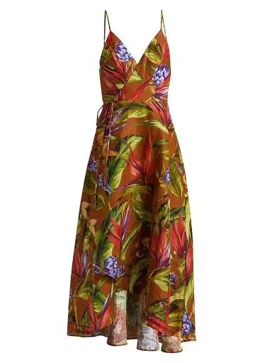 Farm Rio Women's Floral Linen A-Line Midi-Wrap Dress - Brown - Size XL | Thumbnail 1
