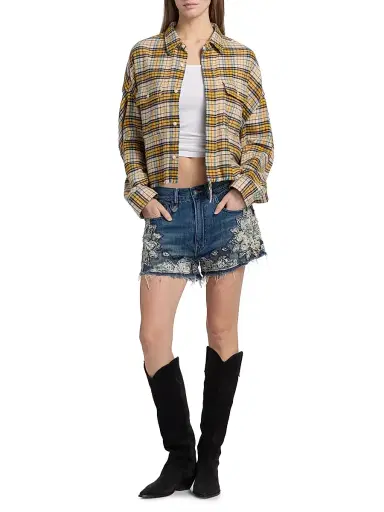 R13 Women's Plaid Cotton Flannel Cropped Work Shirt - Yellow Plaid - Size Large | Thumbnail 2