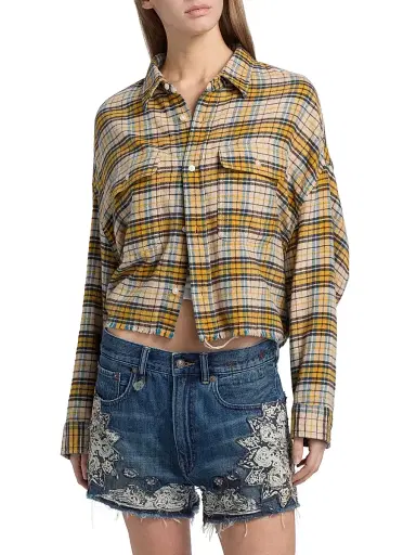 R13 Women's Plaid Cotton Flannel Cropped Work Shirt - Yellow Plaid - Size Large | Thumbnail 3