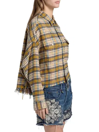 R13 Women's Plaid Cotton Flannel Cropped Work Shirt - Yellow Plaid - Size Large | Thumbnail 4