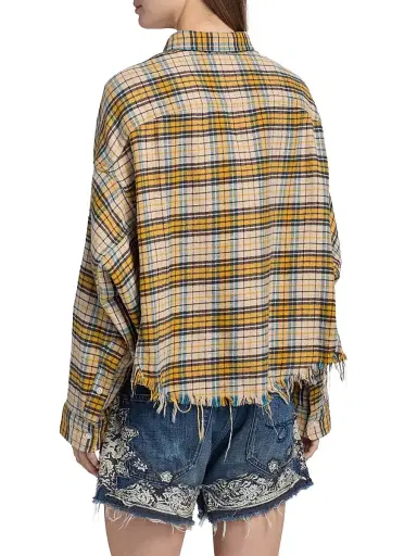 R13 Women's Plaid Cotton Flannel Cropped Work Shirt - Yellow Plaid - Size Large | Thumbnail 5