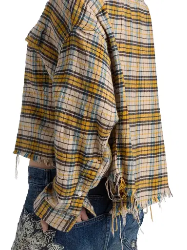 R13 Women's Plaid Cotton Flannel Cropped Work Shirt - Yellow Plaid - Size Large | Thumbnail 6