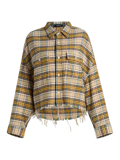 R13 Women's Plaid Cotton Flannel Cropped Work Shirt - Yellow Plaid - Size Large | Thumbnail 1