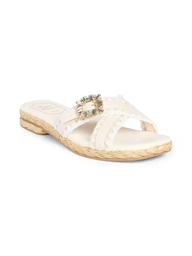 Roger Vivier Women's Strass Leather & Raffia Slides - Bianco Cire - Size 11 Sandals | Thumbnail 2