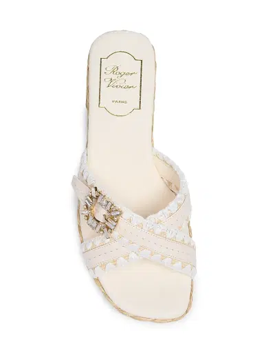 Roger Vivier Women's Strass Leather & Raffia Slides - Bianco Cire - Size 11 Sandals | Thumbnail 4