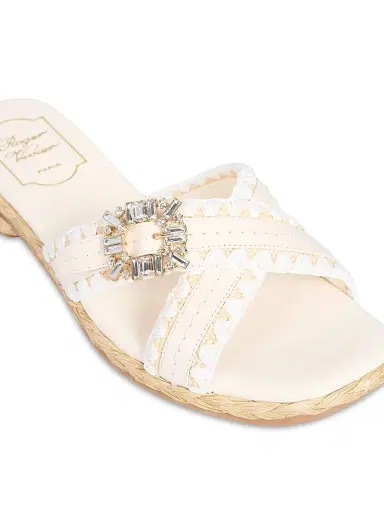 Roger Vivier Women's Strass Leather & Raffia Slides - Bianco Cire - Size 11 Sandals | Thumbnail 5