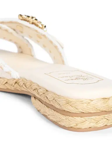 Roger Vivier Women's Strass Leather & Raffia Slides - Bianco Cire - Size 11 Sandals | Thumbnail 6