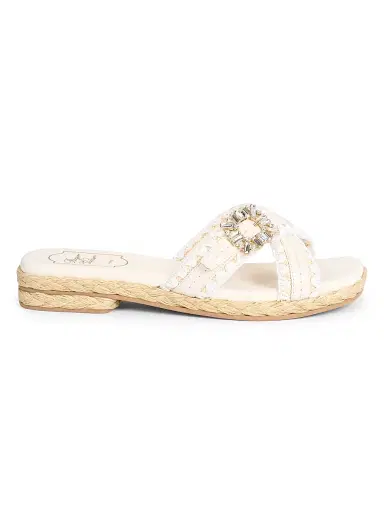 Roger Vivier Women's Strass Leather & Raffia Slides - Bianco Cire - Size 11 Sandals | Thumbnail 1
