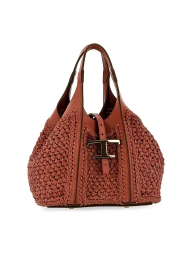 Tod's Women's T Timeless Mini Raffia & Leather Shopper Tote Bag | Thumbnail 1 Tod's Women's T Timeless Mini Raffia & Leather Shopper Tote Bag | Thumbnail 1