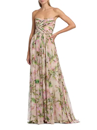 MONIQUE LHUILLIER Women's Floral Chiffon Draped Strapless Gown | Thumbnail 3