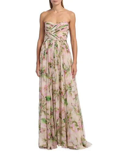 MONIQUE LHUILLIER Women's Floral Chiffon Draped Strapless Gown | Thumbnail 4