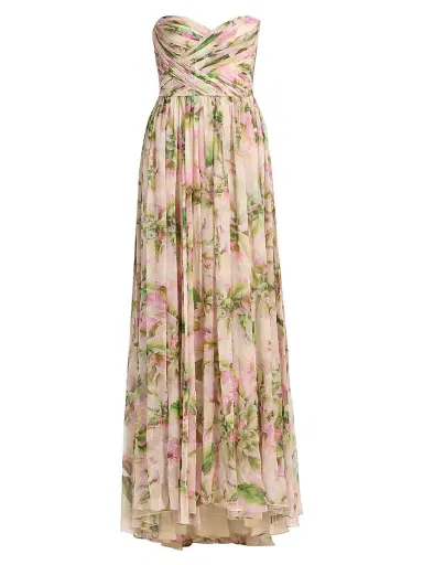MONIQUE LHUILLIER Women's Floral Chiffon Draped Strapless Gown | Thumbnail 1