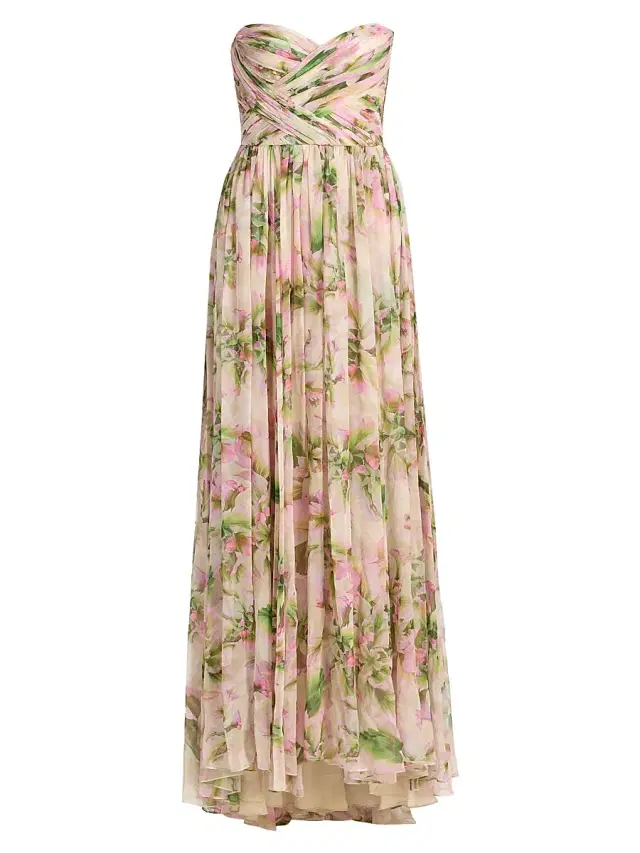 Women's Floral Chiffon Draped Strapless Gown - Carnation Multi